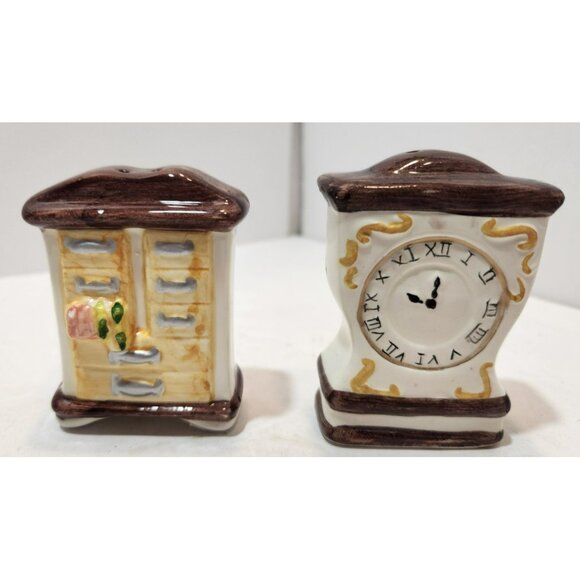 Vintage Ceramic Salt And Pepper Shakers Clock and Dresser About 3" Tall - Picture 1 of 12